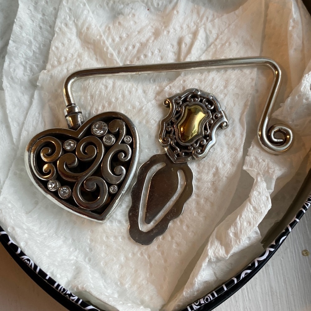 BRIGHTON vintage silver and gold heart and‎ shield handbag hanger and bookmark